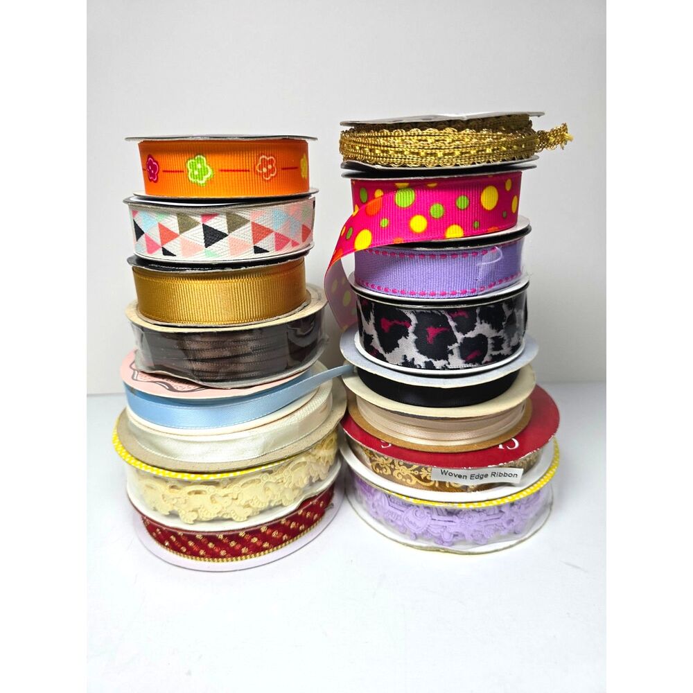 Craft Ribbon Lot 18 Spools Assorted Grosgrain Satin Lace Metallic Braid Trims